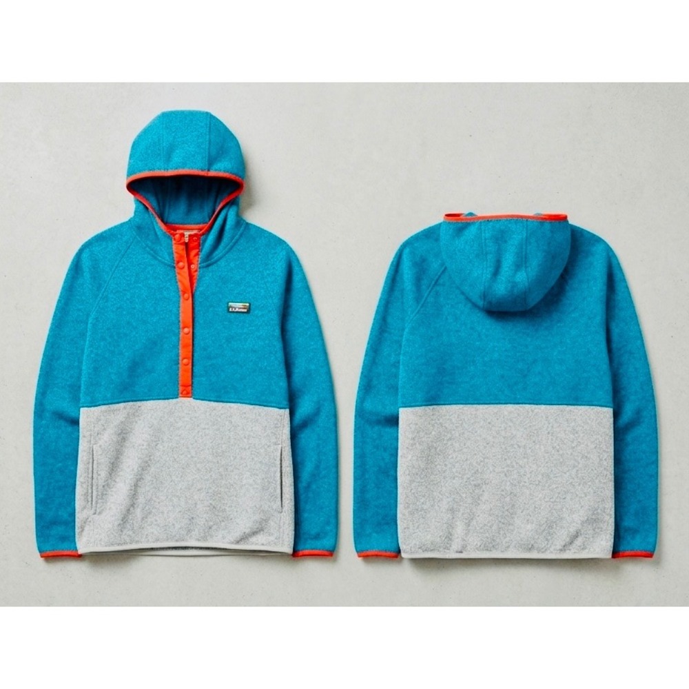 LL Bean Hoodie Fleece Pullover Teal Gray Colorblock XL